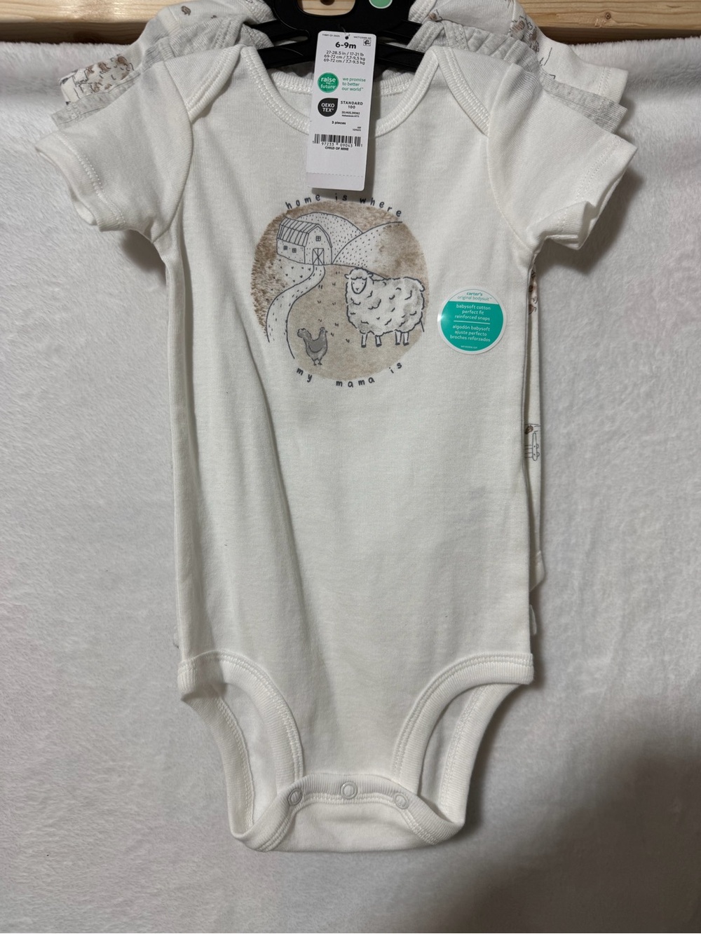 Organic White Baby One-Piece Bodysuit with Farm Animal Print